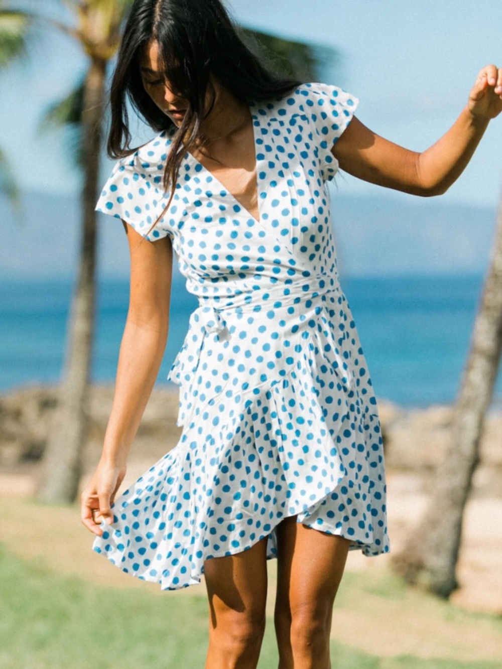 Xix‎ Palms Santa Maria Party Wrap Dress Polka Dot Blue White NWT Size Small